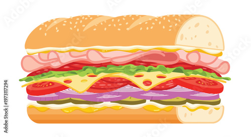 Delectable multi-layered sub sandwich illustration bursting with fresh ingredients and savory meats