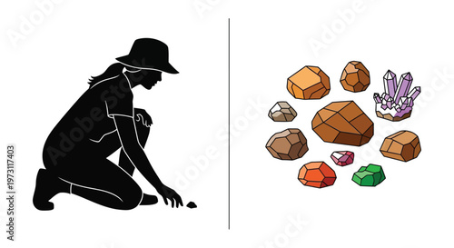Woman examining crystals with a striking black silhouette effect high quality