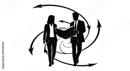 Business professionals collaborate on a project with swirling arrows symbolizing teamwork and progress.