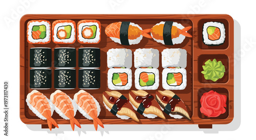 Assortment of Japanese Sushi and Rolls Artfully Arranged on a Wooden Platter with Wasabi and Pickled Ginger