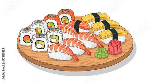 An appetizing assortment of delicious sushi and sashimi meticulously arranged on a wooden platter, showcasing culinary artistry