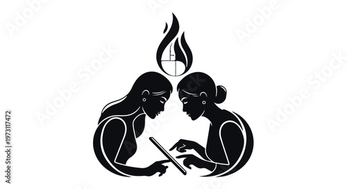 Two women collaborating on a digital tablet, illuminated by a stylized flame of inspiration