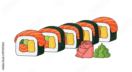 Delightful Salmon Sushi Rolls with Pickled Ginger and Wasabi