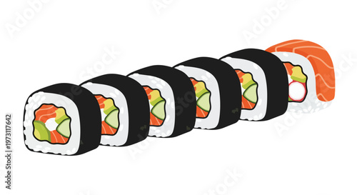 A vibrant and simple illustration of a row of maki sushi rolls, featuring fresh ingredients and a clean aesthetic perfect for culinary themes