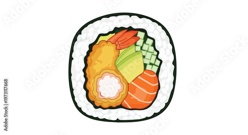 A colorful and delicious illustration of a sushi roll featuring fresh ingredients like shrimp, salmon, avocado, and cucumber, presented cleanly on a