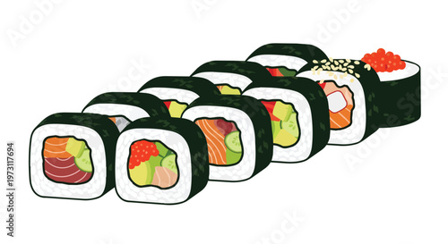 A delightful assortment of fresh and vibrant sushi rolls arranged in a pleasing diagonal line on a clean white background