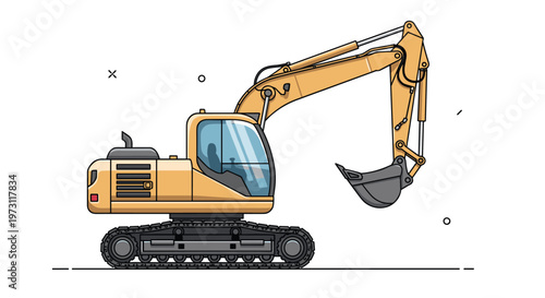 Heavy machinery yellow excavator icon for construction and building work projects with detailed arm and bucket components.