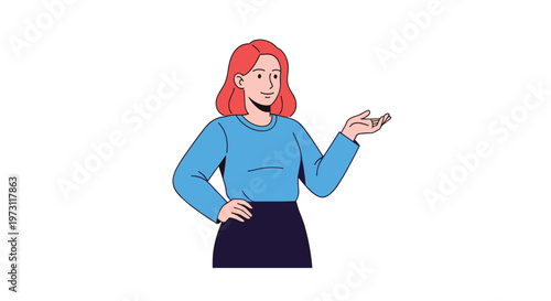 Young woman with red hair wearing a blue sweater and black skirt making a presentation gesture with her hand in flat style.