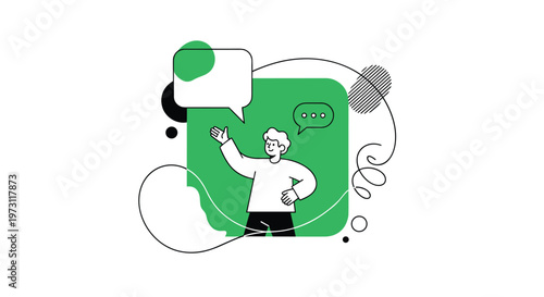 Person standing in front of green background with speech bubbles and abstract elements representing communication and ideas.