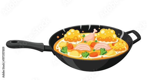 Savory Stew Simmering in a Wok with Chicken and Vegetables