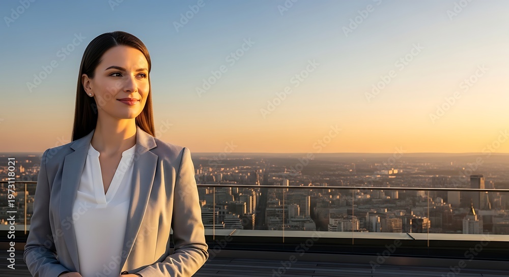 Fototapeta premium Confident businesswoman looking out over city skyline at sunset symbolizing ambition and success in corporate career