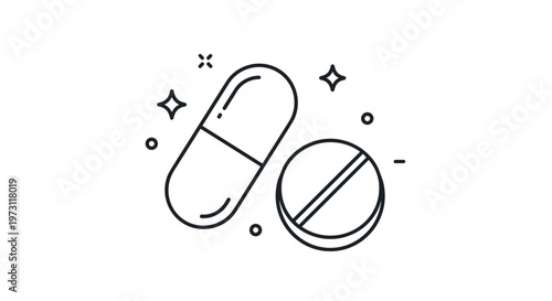 Medical health icon of a capsule and a pill surrounded by stars and circles representing medicine, pharmacy, and healthcare.