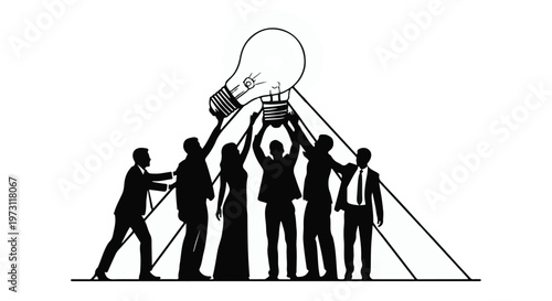 Diverse team collaborates to achieve a bright new idea, symbolizing innovation and success.