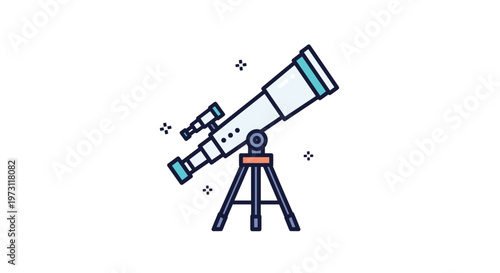 Professional astronomical telescope on a tripod for stargazing and scientific research of the night sky in clean line art style.