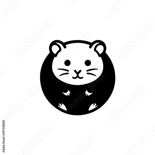 Minimalist geometric hamster icon designed in a perfect circular shape. Sleek black and white "fur ball" silhouette representing simplicity, cuteness, and modern animal branding.
