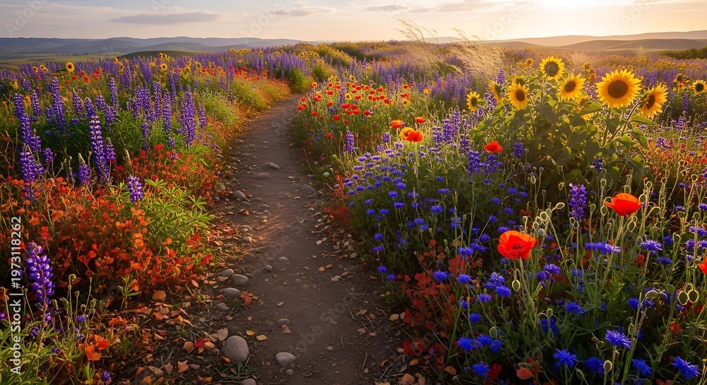 Fototapeta premium A picturesque dirt path winding through a vibrant wildflower meadow at golden hour.