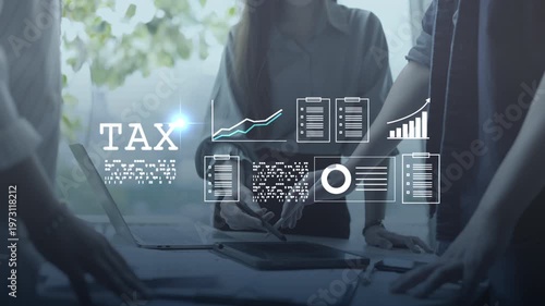 Digital tax filing Tax return financial planning analyzing  data revenue deductions filing income tax online payment mobile app computer technology. Business tax management economy 