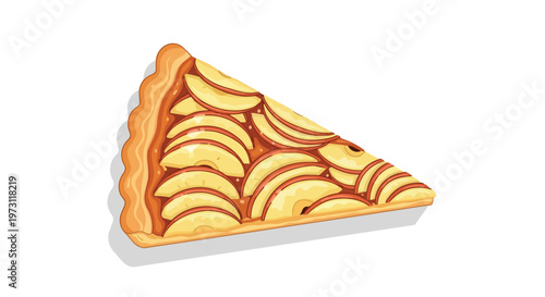 A delightful slice of freshly baked apple pie, showcasing thin apple slices arranged artistically on a golden crust, isolated on a white background