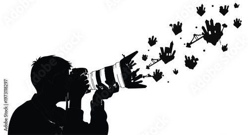 Silhouette of a photographer capturing abstract shapes and symbols emanating from the lens