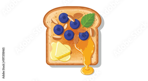 Toasted bread slice adorned with blueberries, almonds, butter, dripping honey, and a mint leaf for a healthy breakfast snack.