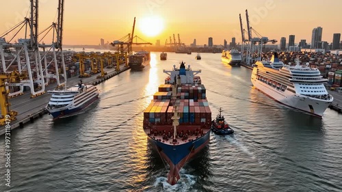 Multiple Ships Moving Through Busy Harbor with Cargo Ferry Cruise and Tugboat at Golden Hour - Ai Genereted