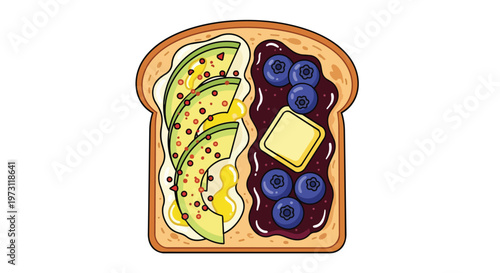 A Vibrant and Wholesome Toasted Bread Slice Adorned with Creamy Avocado Slices and Sweet Blueberries Bursting with Flavor