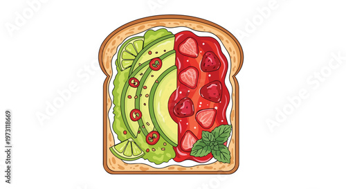 Vibrant and fresh toast creation featuring creamy avocado slices and sweet strawberry jam with hints of spice and mint