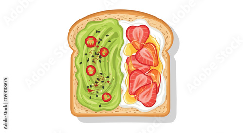 A vibrant illustration of a gourmet toast creation, showcasing a delightful fusion of creamy avocado with a hint of spice and sweet strawberries