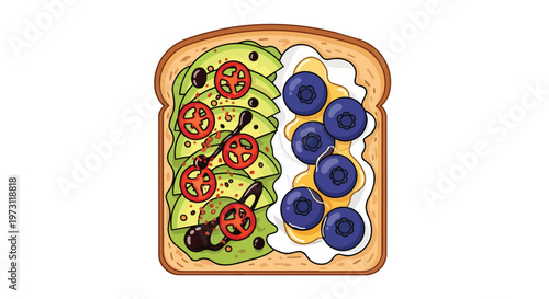 A healthy and delicious open-faced sandwich featuring fresh avocado slices and vibrant blueberries atop toasted bread, a perfect visual for