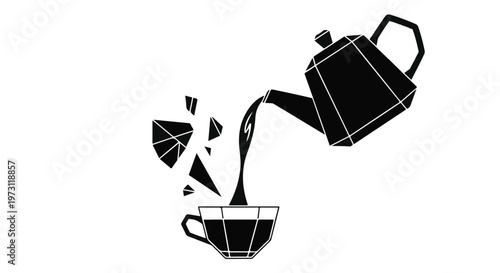 Abstract geometric teapot pouring liquid into a fragmented cup, symbolizing creation or transformation.