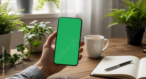 A hand holding a smartphone with a green screen on a wooden desk with plants and office supplies