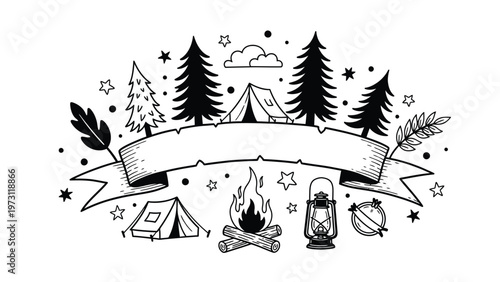 Camping and outdoor adventure black and white illustration.