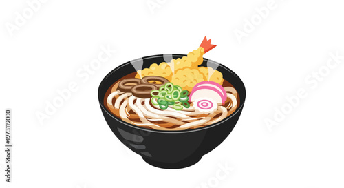 Delicious Japanese Udon Noodle Soup with Tempura and Fish Cake Illustration