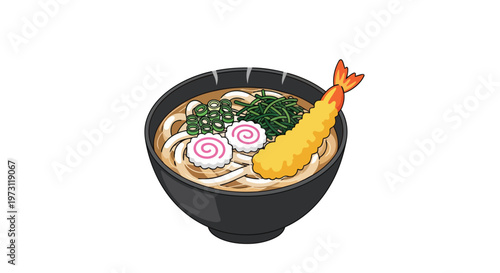Delicious Japanese Udon Noodle Soup with Tempura Shrimp and Narutomaki