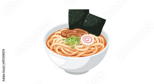 A vibrant illustration of a meticulously prepared bowl of steaming udon noodles featuring tender meat slices and fresh green onions presented