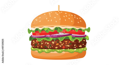 Vibrant Illustration of a Deliciously Stacked Burger with Fresh Toppings and a Sesame Seed Bun on a White Background