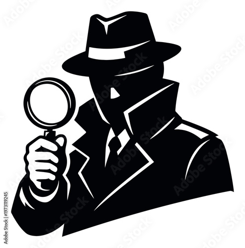 Graphic illustration of a detective depicting him holding a magnifying glass for investigation and mystery themes