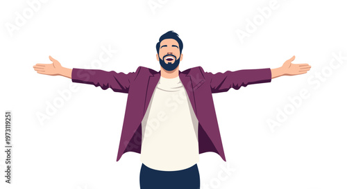 Joyful man with a beard wearing a blazer and standing with arms wide open in a gesture of freedom, happiness, and enthusiastic celebration.