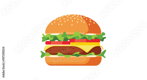 A vibrant, stylized illustration of a classic cheeseburger with a sesame seed bun, crisp lettuce, ripe tomatoes, and melted cheddar cheese,