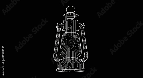 Outline of an old-fashioned lantern with integrated circuit board patterns