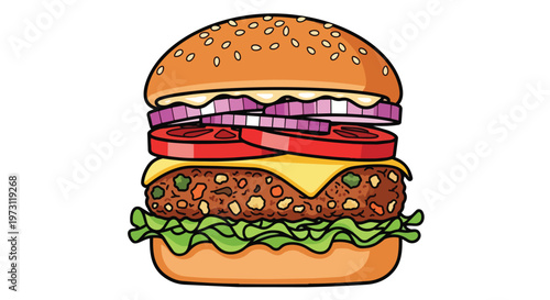 A visually appealing cartoon illustration of a generously layered hamburger with fresh ingredients and a white background perfect for food blogs and