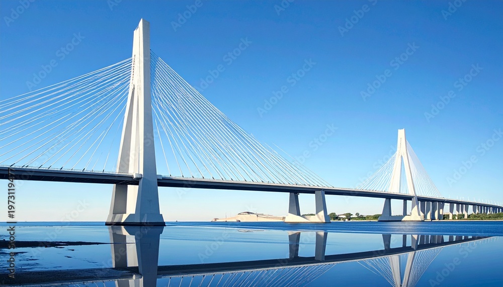 Obraz premium modern cable-stayed bridge over calm water at golden hour with reflection