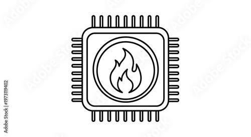 Stylized circuit chip with a flame icon inside a circle at its center