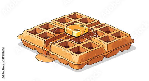 Crispy golden waffles adorned with melting butter and sweet syrup, a delightful breakfast illustration perfect for culinary content