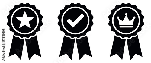 Modern graphic award badge set featuring a star, checkmark, and crown for achievement and quality