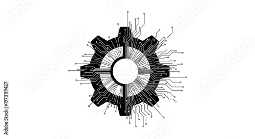 Abstract gear shape composed of circuit board lines and nodes on white