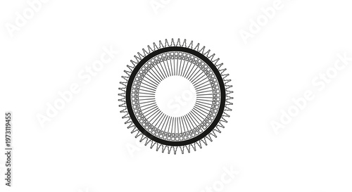 Black circular graphic with radiating lines and a spiky outer edge