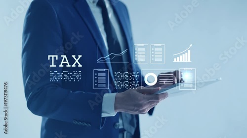 Digital tax filing Tax return financial planning analyzing  data revenue deductions filing income tax online payment mobile app computer technology. Business tax management economy 