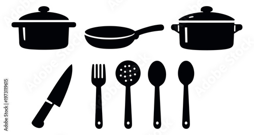 Kitchen clip art set featuring pots, a pan, a knife, a fork, and various spoons for meal preparation