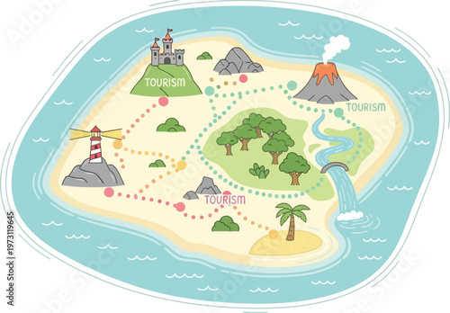 Island tourism map with landmarks and attractions